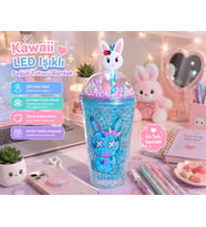 LED Işıklı Pipetli Kawaii Chibi Sevimli Tavşan Figürlü Çift Katmanlı İçecek Bardağı Suluk 450ML Mavi