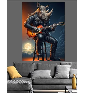 Gitar Çalan Gergedan Çizimi Dekoratif Kanvas - Mdf Ahşap Tablo