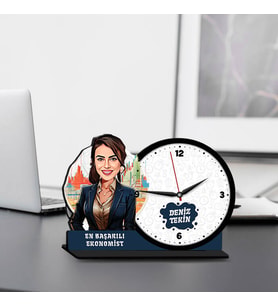 Kadın Ekonomiste Hediye Karikatürlü MDF Masa Saati