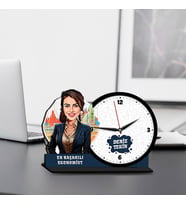 Kadın Ekonomiste Hediye Karikatürlü MDF Masa Saati