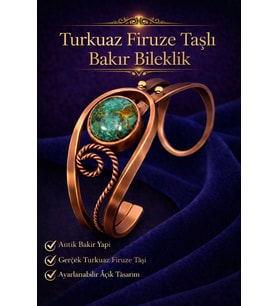 Kadın Bakır Bileklik Doğal Turkuaz Firuze Taşlı Otantik Model Bilezik Her Bileğe Uygun