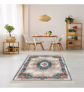 Gül Varak Desenli Dijital Baskı Yıkanabilir Kaymaz Taban Vintage Salon Halısı ve Yolluk (Mavi)