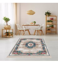 Gül Varak Desenli Dijital Baskı Yıkanabilir Kaymaz Taban Vintage Salon Halısı ve Yolluk (Mavi)