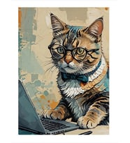 Bilgisayar Kullanan Kedi Model Ahşap Tablo
