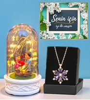 Led Işıklı Fanus ve Gerçek Ametist Taşlı Lotus Kolye Hediye Seti (Model 4)