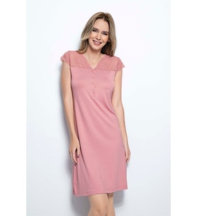 Monamise Kadın Kolu Omzu ve Yakası Dantelli Önü Düğmeli Gecelik (Pembe)
