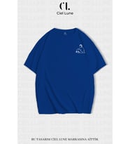 Unisex Kadın Erkek Minimalist Cat Baskılı Özel Tasarım Oversize T-shirt (Mavi)