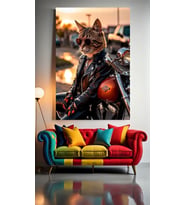 MOTORCU KEDİ 1 Ev Duvar Salon Güzellik Salonu Ofis Dükkan Dekarasyon Kanvas Tablo (Çok Renkli)