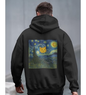 Yıldızlı Gece Kedi Tasarımlı Siyah Unisex Kapüşonlu Sweatshirt – Sanatsal & Retro Hoodie