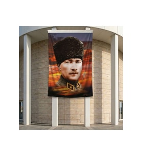 Üniformalı Kalpaklı Gazi Mustafa Kemal Atatürk Poster Bayrak Premium Raşel Kumaş ATA20 2x3m