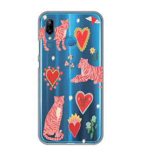 Huawei P20 Lite Uyumlu Kaplan ve Kalp Desenli Şeffaf Telefon Kılıfı