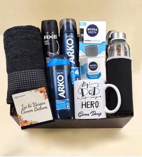 Kişiye Özel My Dad Hero Baskılı Kupa & Arko Men Tıraş Köpüğü & Siyah Havlu & Özel Kılıflı 500Ml Su Matarası & Arko Men Tıraş Kolonyası & Nıvea Tıraş Sonrası Losyon & Erkek Deodorant Hediye Seti