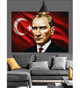 Bayrak Önünde Atatürk Portresi Dekoratif Kanvas - Mdf Ahşap Tablo