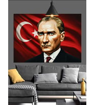 Bayrak Önünde Atatürk Portresi Dekoratif Kanvas - Mdf Ahşap Tablo