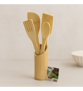 Ahşap Bambu Mutfak Servis Seti 5 Parça (Kaşık, Çatal, 2 Spatula, Stand) 27.5/30 cm