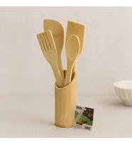 Ahşap Bambu Mutfak Servis Seti 5 Parça (Kaşık, Çatal, 2 Spatula, Stand) 27.5/30 cm