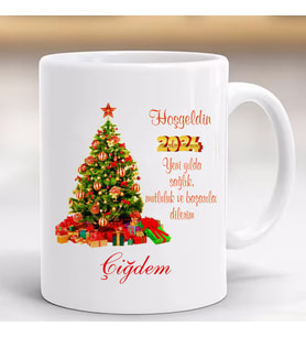 Yeni Yıl Mutlu Yıllar Yılbaşı Baskılı Kupa, Porselen ve Kulplu Bardak, Yılbaşı Ağaçlı-