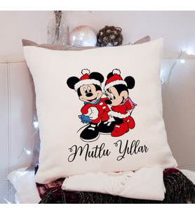 Mickey & Minnie Mouse & Yılbaşı & Mutlu Yıllar Tasarımlı Yastık