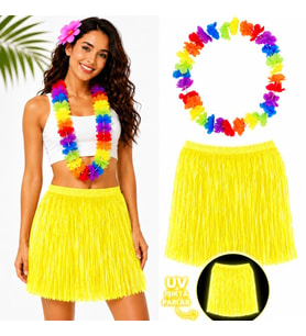 Neon Sarı Hawaii Etek 40 cm ve Rengarenk Hawaii Kolye