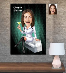 Kişiye Özel Karikatür Baskılı Ahşap Tablo Tıp Bayramı Cerrah Kadın-1 30x40