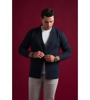 Slimfit Mono Yaka Torba Cepli Kendinden Çizgili Erkek Triko Hırka (Lacivert)
