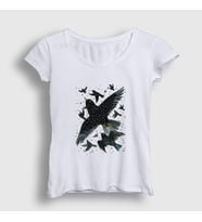 Presmono Kadın Beyaz Herd Of Birds Kuş Karga T-Shirt 321383tt