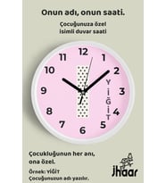 İsme Özel I Harfli Pembe Çocuk Odası Duvar Saati Orta Boy 30 cm Beyaz Camlı Sessiz