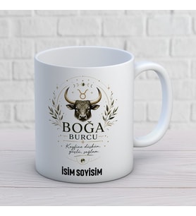 Kişiye Özel Boğa Burcu Tasarımlı İsimli Seramik Kupa Bardak