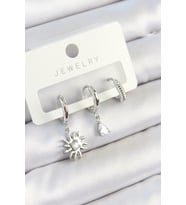 Pirinç Zirkon Taşlı Güneş Model Gümüş Renk 3'lü Çift Kadın Küpe Set - TJ-BKP10799 TG-V 9517