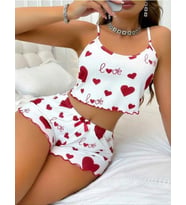 Mulvxbrf Brf02 Beyaz Üstüne Kırmızı Kalp Desenli Askılı Şortlu Pijama Takımı (Mulvix)