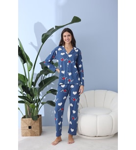 Kadın 30013 Boydan Düğmeli Uzun Kol Pijama Takımı MAVİ