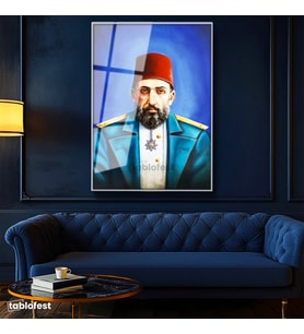 Gümüş Renk Metal Çerçeveli Tamperli Cam Tablo Sultan II Abdülhamid Modern Yorum Portresi Osmanlı Tablosu Duvar Dekoru