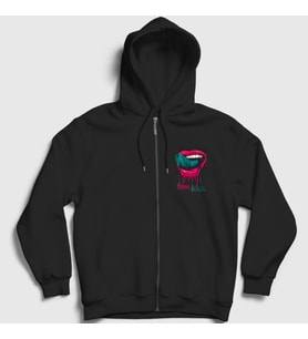 Presmono Unisex Siyah Tongue Dil Dudak Falling In Reverse Fermuarlı Kapüşonlu Sweatshirt 504573tt