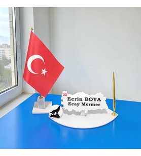 Sümen Ofis Doğal Beyaz Mermer İsimlik Haritalı Gold Tek Kalem ve Kurt Figür Şanlı Türk Bayrağı
