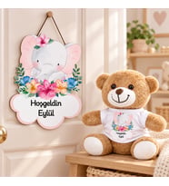 Kişiye Özel Bebek Kapı Süsü (Peluş Ayıcık Hediyeli) – Baby Shower / Hastane Odası