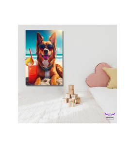 Tekli Dikey Kanvas Denizde Güneşlenip Kokteyl İçen Köpek Tasarımı