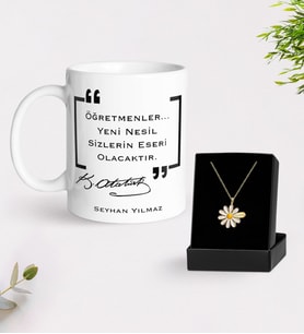 BK Gift Kişiye Özel Öğretmenler Günü Beyaz Kupa ve İsimli Papatya Kolye Hediye Seti- 14, Öğretmene Hediye, Öğretmenler Günü