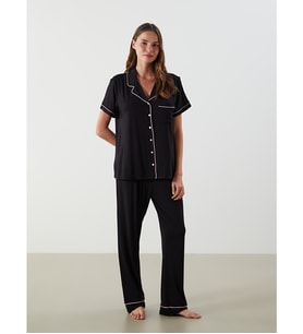 LCW DREAM Siyah Gömlek Yaka Düz Kısa Kollu Kadın Pijama Takımı