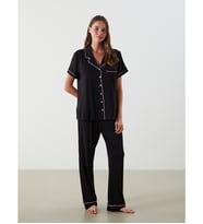 LCW DREAM Siyah Gömlek Yaka Düz Kısa Kollu Kadın Pijama Takımı