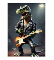Elektro Gitar Çalan Dinozor Dekoratif ahşap Tablo