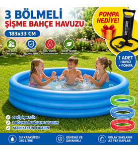 183x33 cm 3 Bölmeli Şişme Bahçe Havuzu Çocuk ve Aile Havuzu El Pompası Hediyeli