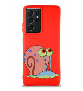 Samsung Galaxy S21 Ultra Soft Premier Kapak Salyangoz Gary Tasarımlı Silikon Kılıf - Kırmızı (Şeffaf)