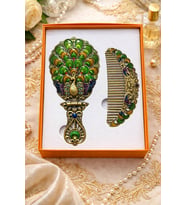 Osmanlı Vintage Tavus Kuşu Desenli El Aynası & Tarak Seti – Antik Gümüş Tonlu Hediyelik Set (Pembe - Kahverengi)