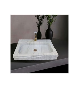 Alara Afyon Beyaz Mermer Oval Dizayn Kare Lavabo-318