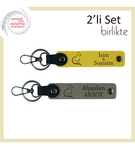 Evdeki Patili Arkadaşa Vefa, Kedili, İsme Özel Kişiselleştirilebilir Deri Anahtarlık, Sarı-Kül Gri
