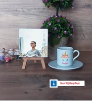 Unicorn Fotoğraflı Dekoratif Taş, Ahşap Altlıklı Türk Kahvesi Fincanı Hediye (Model 2)