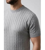 Erkek Yazlık Triko Dokuma Tişört Kısa Kol Bisiklet Yaka Örgü Desenli T-Shirt - Gri