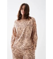 Kadın Oversize Bej Leopar Desenli Pamuklu Kalın Pijama Takımı