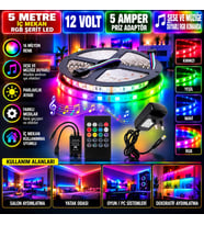 5M 12V 60 Ledli İç Mekan RGB Şerit Led 5A Priz Adaptör Sese ve Müziğe Duyarlı RGB Kumandalı Set