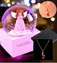 Sevgiliye Hediye Pembe Peri MELEĞİM Kar Küresi & Gold Rose Gül Kolye